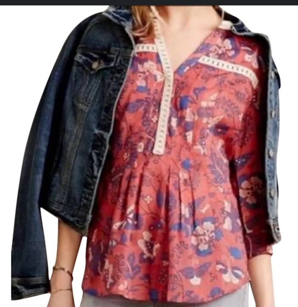 Maeve Abella Peplum Top Sz 4 Pink Floral V-neck Anthropologie Peasant Boho